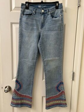 D&G Light Blue Denim Flare Jeans with Multicolor Embroidered Hem